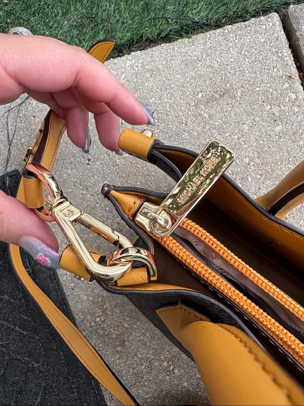 Michael Kors Brown Signature Satchel with Yellow and White Stripes